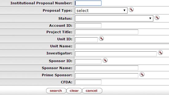 To add an Institutional Proposal to an Award via the Funding Proposal panel: Click the lookup icon to find and select an Institutional Proposal Number on the Lookup screen: Figure - Proposal Lookup