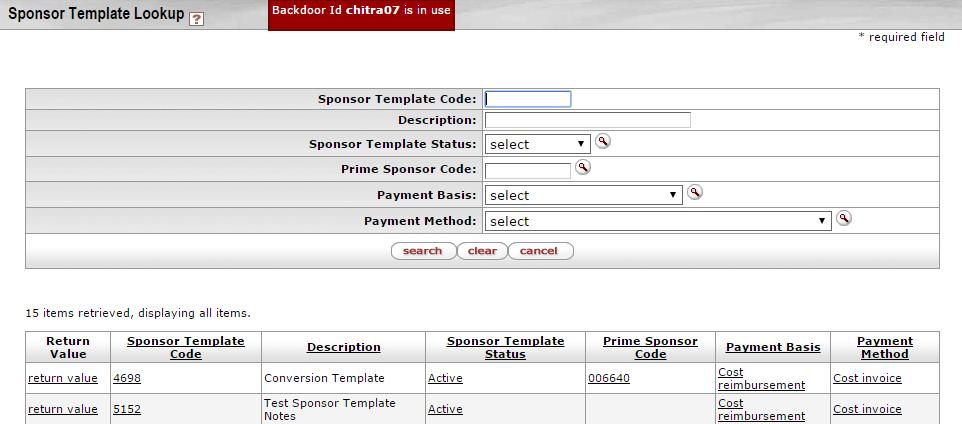 Applying a Sponsor Template using the Sponsor Template Lookup in the Sponsor Template Section: Click to find and select a Sponsor Template Code on the Sponsor Template Lookup screen: Enter