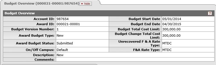 Budget Overview Panel The Budget Overview panel of the Budget Versions tab provides a consolidated view of the basic identifying information about the budget.