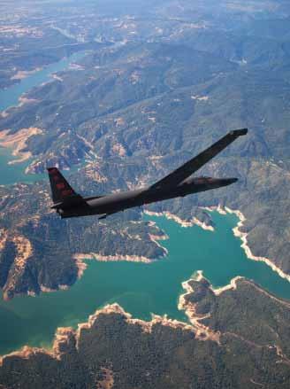 A U-2 soars over the Lake Oroville area. Far from a Cold War relic, the U-2 continues to undergo upgrades, and is outfitted with the latest sensors and equipment.