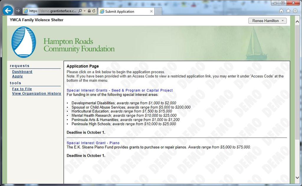 Application Tutorial Application Page After you have registered your account you will be directed to the Application Page which lists current grant opportunities.