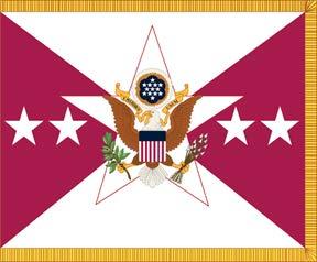 in proper colors, is centered on the flag. Four five-pointed stars are horizontally centered on the flag, two on each side of the insignia.