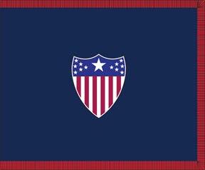 3 27. Office of The Adjutant General The flag has a dark blue base, 3-foot hoist by 4-foot fly, with the branch insignia for The Adjutant General's Corps (a shield with red and white