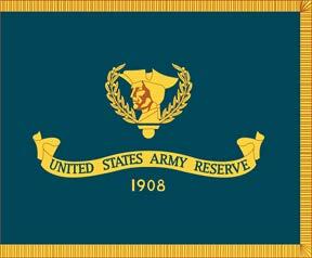 Office of the Chief, Army Reserve The flag is teal blue, 3-foot hoist by 4-foot fly, with a bust of a Minuteman in profile within a wreath formed by two olive branches, all yellow, above