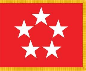 3 39. General of the Army This flag is scarlet, 4-foot 4-inch hoist by 5-foot 6-inch fly, with a circular pattern of five white, five-pointed stars.