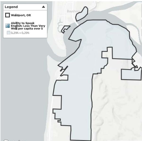 Figure: 6 Limited English Proficiency Figure 6: Limited English Proficiency illustrates the locations of people with limited English proficiency in the City of Waldport. According to the U.S.
