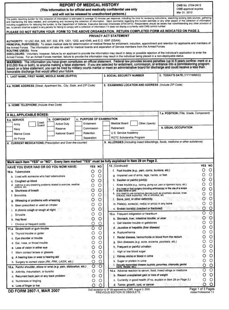 2. DD 2807-1 (Medical History Form) One form for each DEPENDENT, Please complete