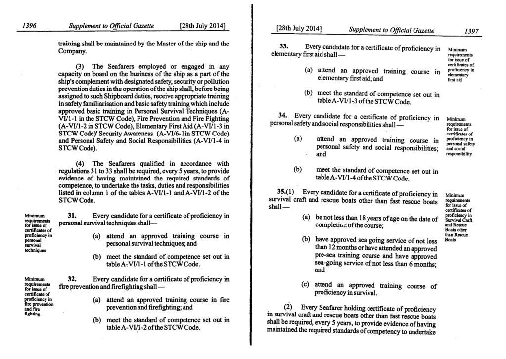 1396 Supplement to Official Gazette [28th July 2014] [28th July 2014] Supplement to Official Gazette 1397 Minimum requirements for issue of certificates of proficiency in personal survival techniques