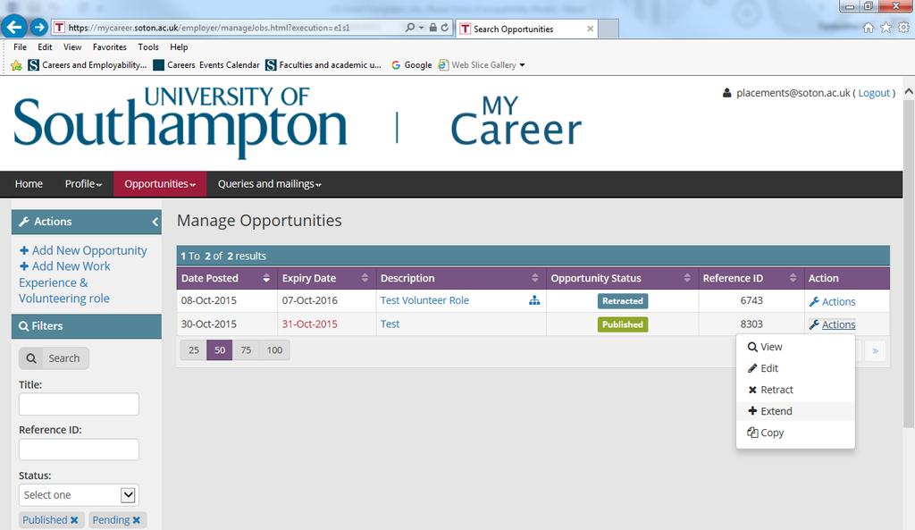 5. The manage opportunities page will show you all of your vacancies.