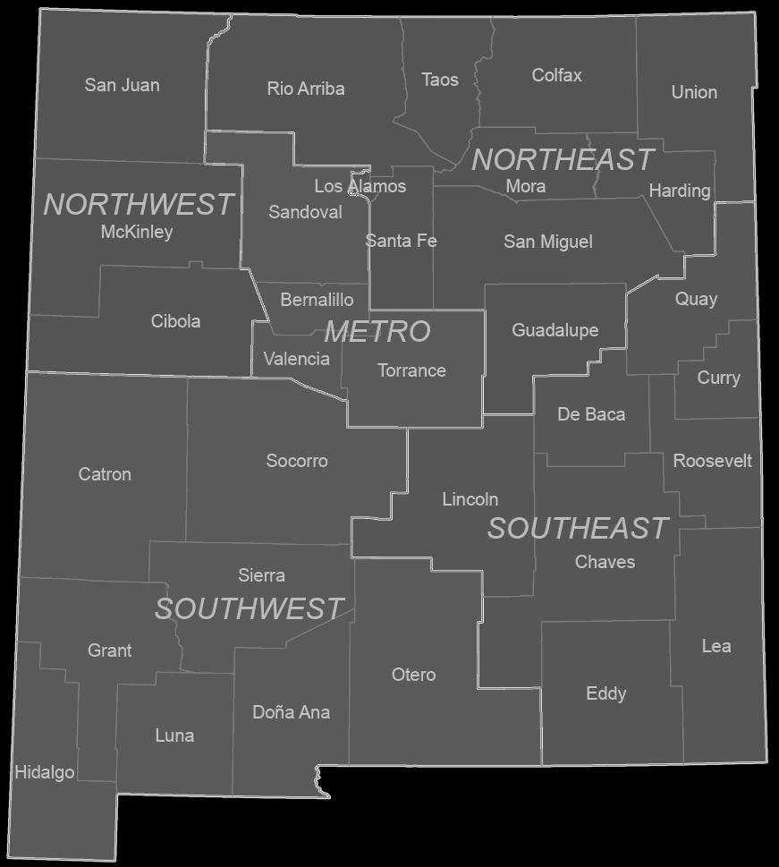 Valencia counties Southeast Region: Quay, DeBaca, Curry, Lincoln, Roosevelt, Chaves, Eddy, and Lea counties Southwest Region: Catron,