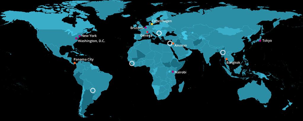 OUR GLOBAL FOOTPRINT 2017 countries and territories of delivery Top 10 countries and territories of delivery UNOPS HQ, which includes the Africa Regional Office Liaison offices Regional offices