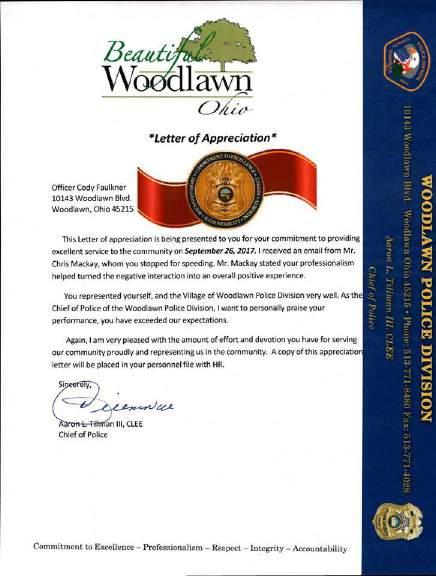 Letters of Recognition The Woodlawn Police Division takes great