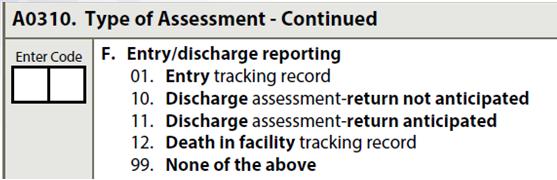 0 1 Entry Tracking Record Tracking Item Set (NT) Small subset of items Not an assessment Death in Facility Tracking record Death in Facility Tracking Record (A0310F = 12) Must be completed when the