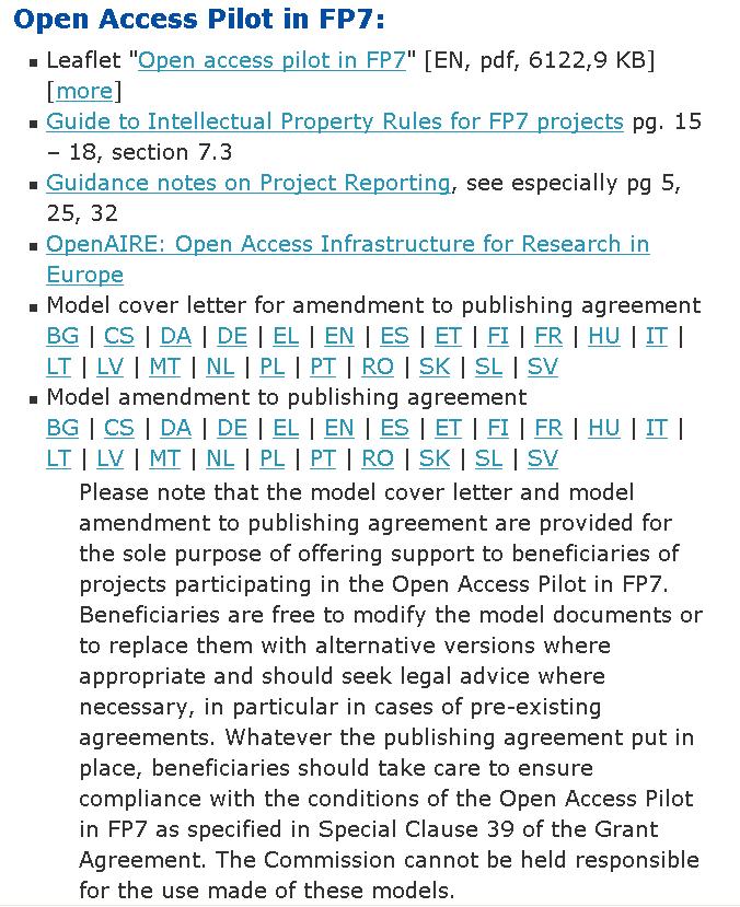 Support by the Commission Online FP7 support documents (Pilot toolkit)