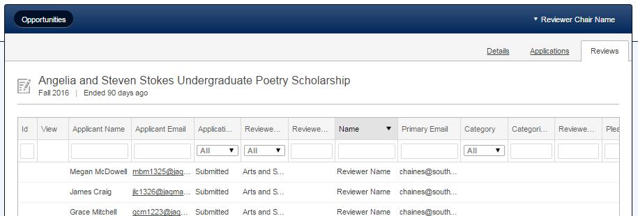 RCs can return to the opportunity specific Applications grid by clicking the Applications link at the top of the applicant s application page. Reviews An RC will also have access to the Reviews tab.