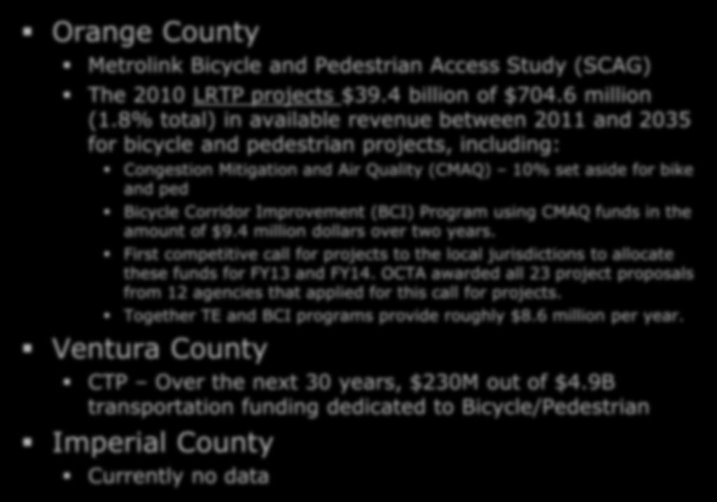 Other Counties AT Funding Orange County Metrolink Bicycle and Pedestrian Access Study (SCAG) The 2010 LRTP projects $39.4 billion of $704.6 million (1.