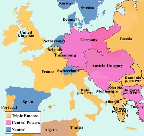 Map: Color the members of the Triple Alliance in Red. Color the members of the Triple Entente in blue. Place a in the area where Archduke Ferdinand is assassinated.