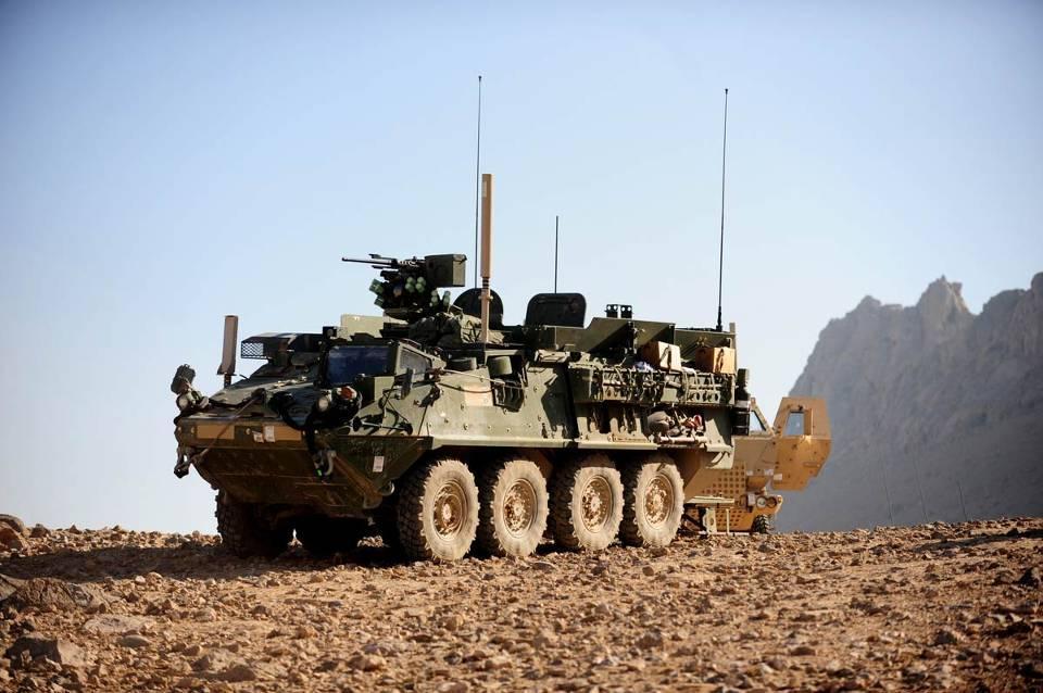A Stryker armored vehicle operated by Soldiers with Charlie Company, 1st Battalion, 17th Infantry Regiment sits stationary at a patrol base, Rajankala, Afghanistan, Nov. 28, 2009.