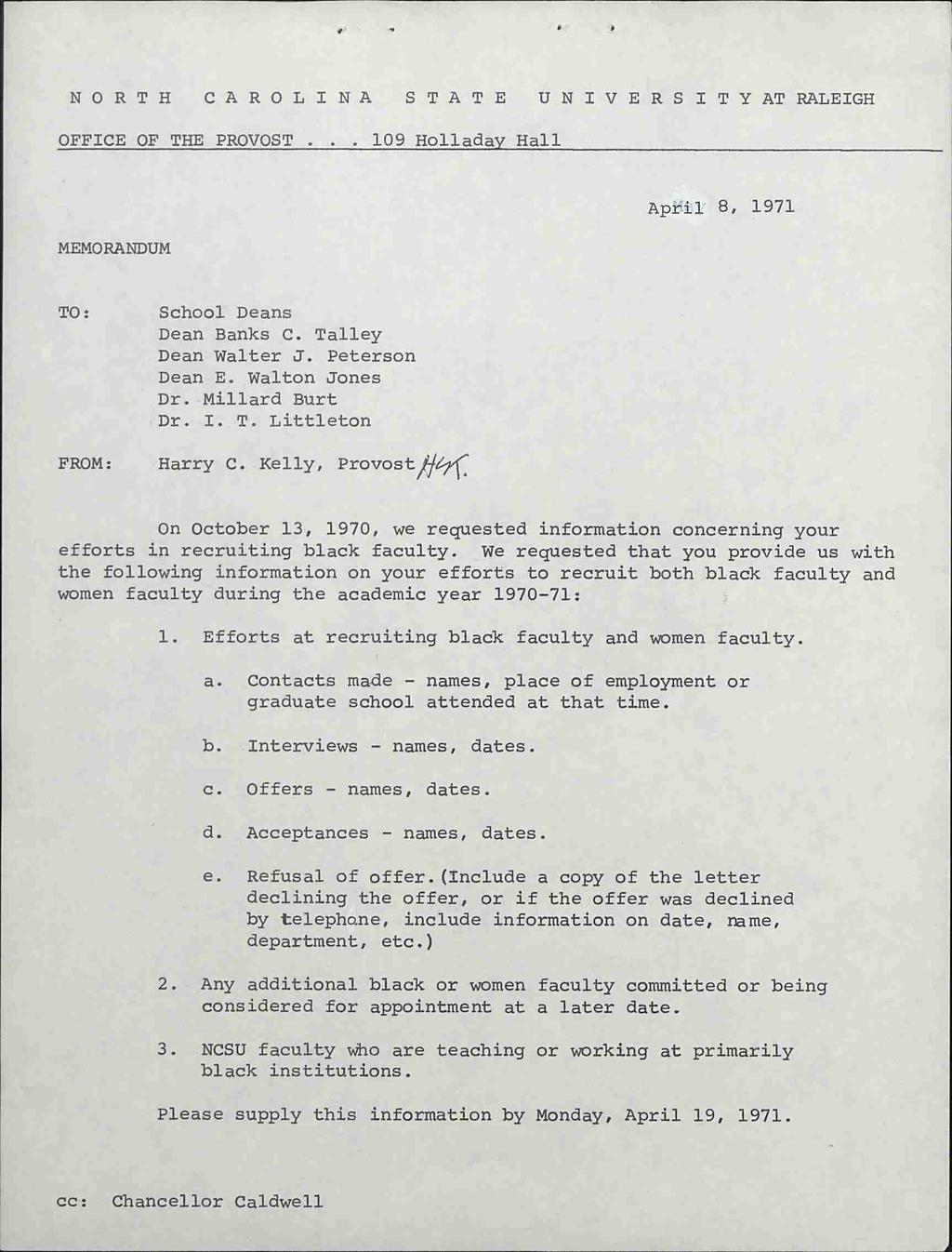 N O R T H C A R O L I N A S T A T E U N I V E R S I T Y AT RALEIGH OFFICE OF THE PROVOST... 109 Holladay Hall MEMORANDUM April 8, 1971 TO: School Deans Dean Banks C. Talley Dean Walter J.