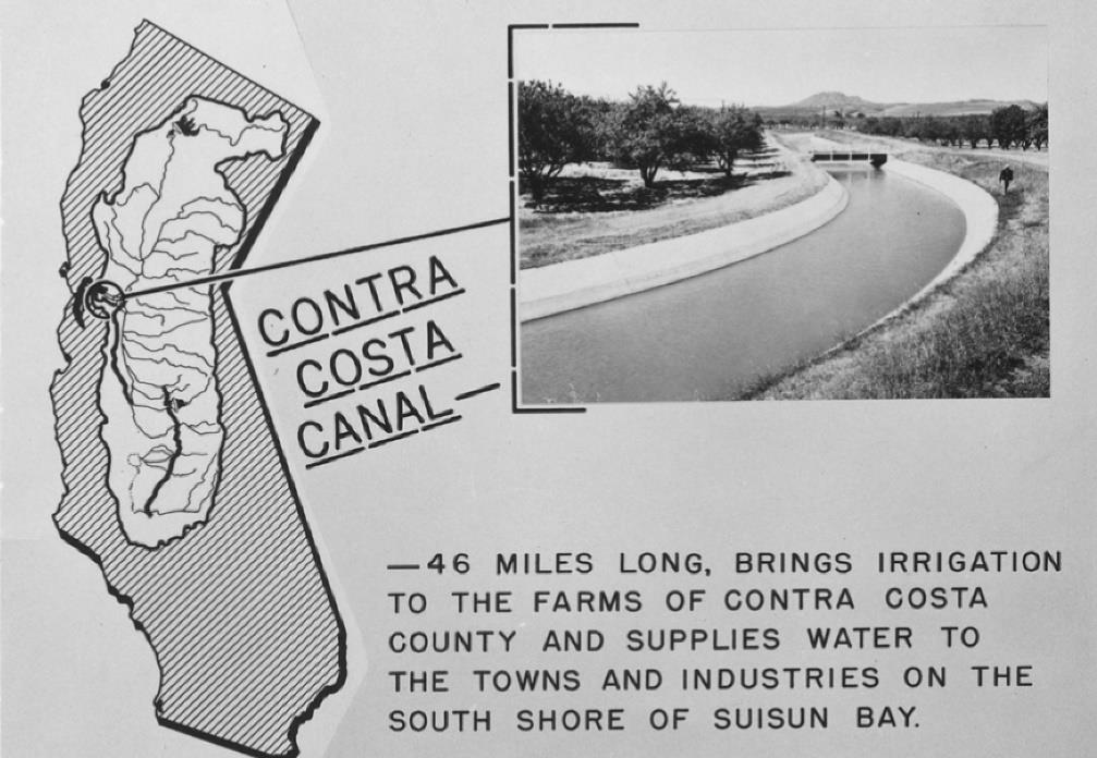 Contra Costa Water District 48-mile long canal provides water from the delta to the Concord area Central Valley Project contractor Los Vaqueros reservoir, built in 1998.