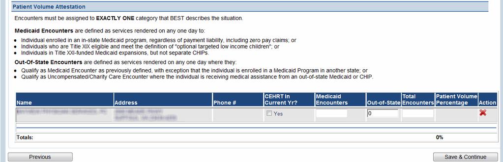 The following screen is displays all individual location(s) selected during Step 1 for patient volume. The EP will be required to enter the Medicaid and total Encounters for each location selected.