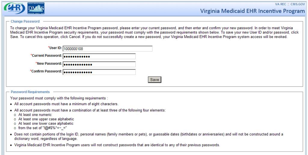2.1.4 Change Password At any time the EP lands on the VMIP Provider Portal Log In page, he/she can elect to change the password. Click Change Password and land on this page.