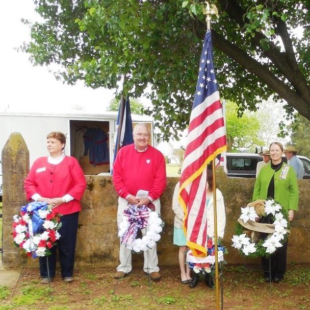 Below wreath presenters are L/R Carol Nelson with the Leedstown Resolutons DAR chapter wreath; Steve