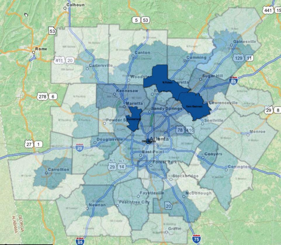 Total Jobs, 2012: Areas with 100,000+ Jobs There were four areas (ARC Superdistricts see below) in the 20-county region with more than 100,000