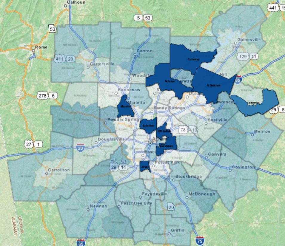 Total Job Change, 2008-2012: Areas That Gained At Least 1,000 Jobs There were nine areas (Superdistricts highlighted on the map) in the 20-county region that added more than 1,000 jobs between 2008