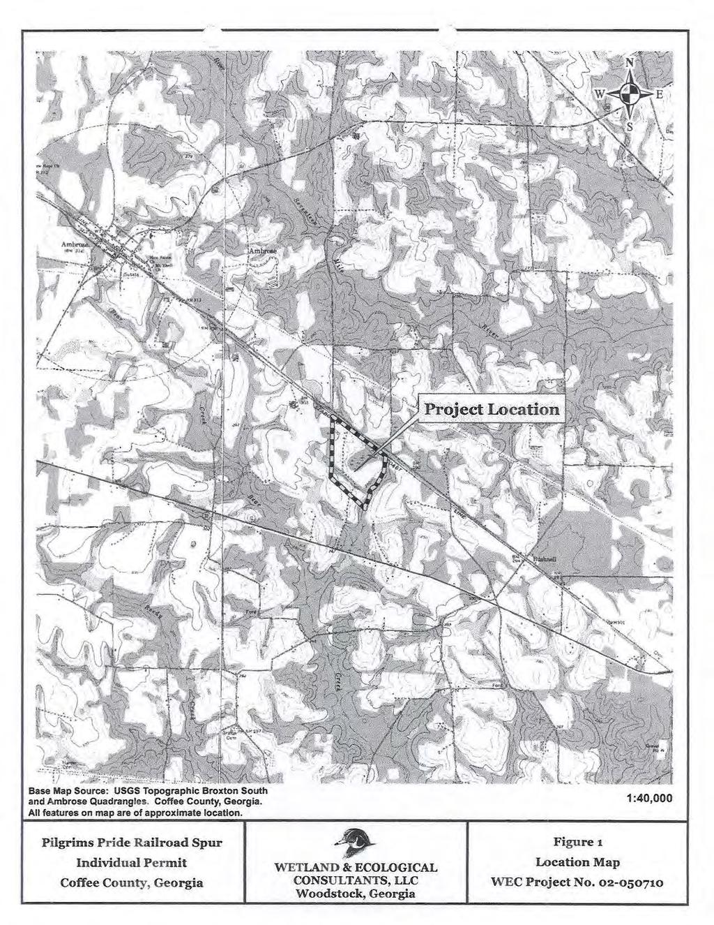 Base Map Source: USGS Topographic Broxton South and Ambrose Quadrangles. Coffee County, Georgia. All features on map are of approximate location.