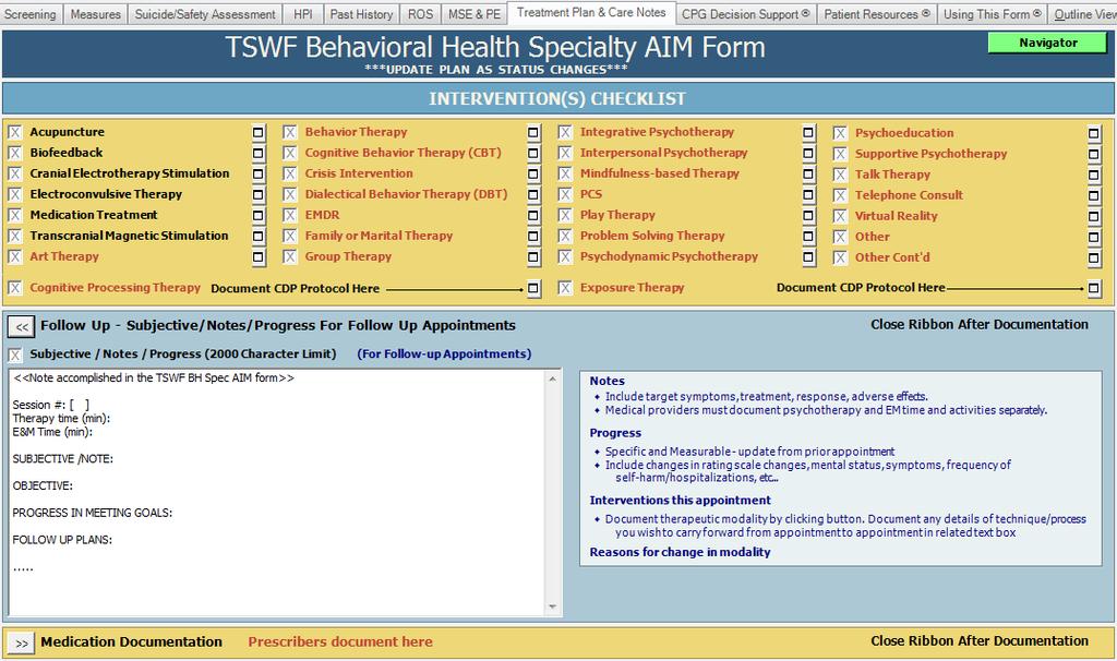 Treatment Plan and Care Notes Tab Standardized Treatment Plan Structure.
