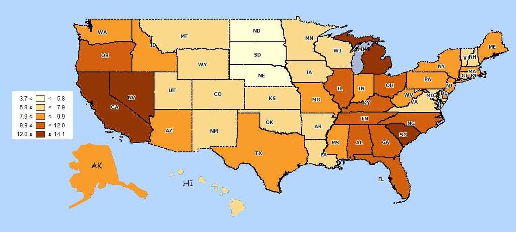 Four states > 12% unemployment (Nov 09)