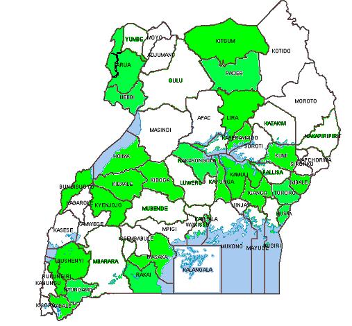 Figure 1: District locations of the health facilities included in the validation study B.