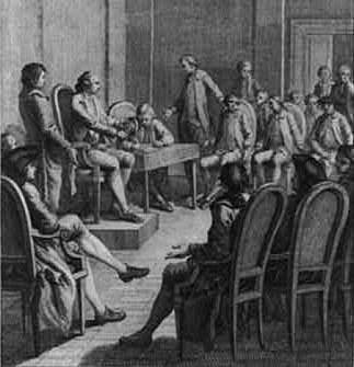 The delegates of the Continental Congress issued a statement that as Englishmen, they were entitled to life, liberty, and property. This image by French engraver Francois Godefroy (1743?