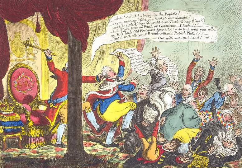 King George III and his advisers, however, would not listen. They saw the colonies as disobedient children. The event pictured in this cartoon took place after the American Revolution.