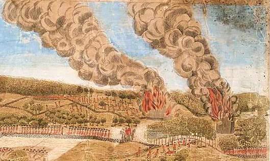 The British force in Concord burned the few supplies that they found. The British accidentally set a structure or two on fire and eventually put out the fire.
