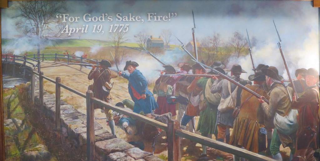 The American militia began running to the bridge when the British fired, and killed two Minutemen. The Americans returned fire. Major John Buttrick ordered the militia to fire.