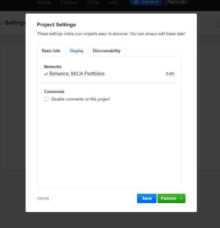 7. A Project Settings box will open. Make sure that on the Display tab, under Networks, both Behance and MICA Portfolios are shown.