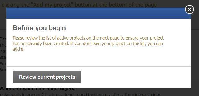 The message prompts you to check the list of projects already posted for your
