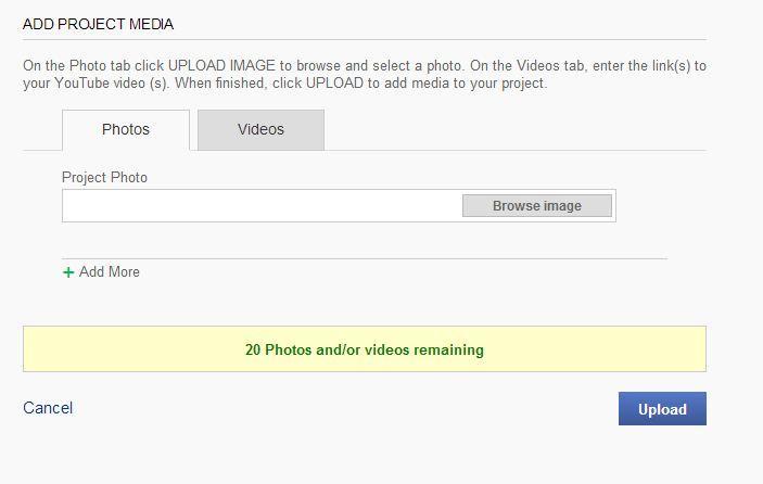 ADDING PHOTOS AND VIDEOS Under Add Project Media, you can upload up to 20 images as well as