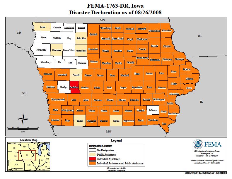 FEDERALLY-DESIGNATED AREAS ELIGIBLE FOR ASSISTANCE Counties where the CDBG Disaster Recovery Funds may be used were determined by the FEMA Declaration FEMA-1763-DR dated May 27, 2008, for Iowa Severe