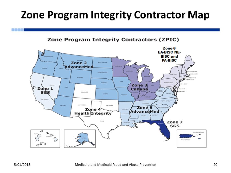 The Zone Program Integrity Contractor operates in 7 zones. They align with Medicare Administrative Contractor jurisdictions. Zone 1 is covered by SGS and includes California, Hawaii, and Nevada.