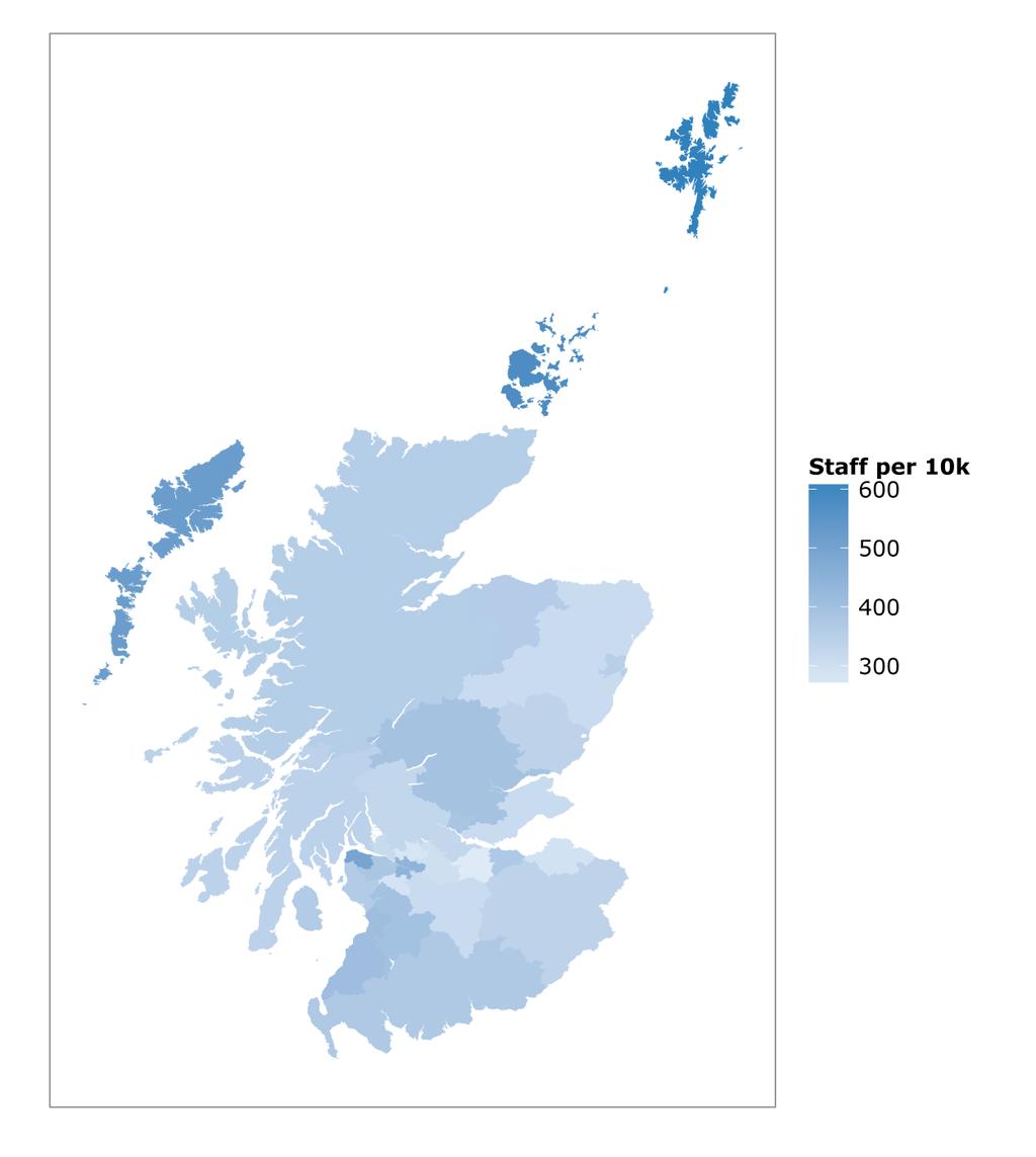 Inverclyde have the largest staff density. The ratio of the smallest to the largest density is just under 2.4 to 1. Figure 4: Map of Scotland with local authority areas coloured by staff density 3.