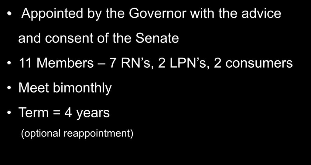 Board Membership Appointed by the Governor with the advice and consent of the Senate 11
