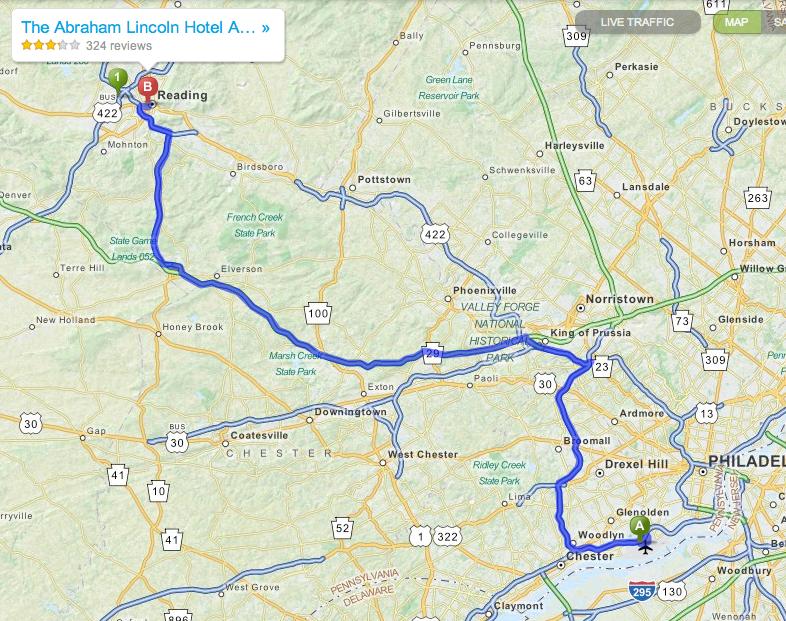 DIRECTIONS from Philadelphia International Airport (A on map) to The Abraham Lincoln A Wyndham Hotel, 100 N. Fifth St., Reading (B on map): 1.