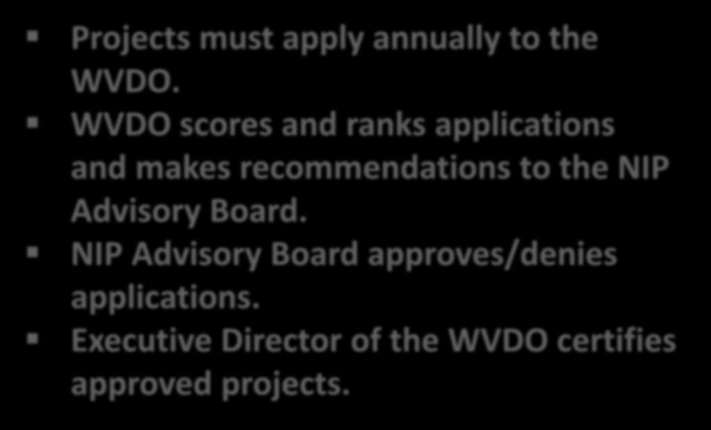 How It Works Projects must apply annually to the WVDO.