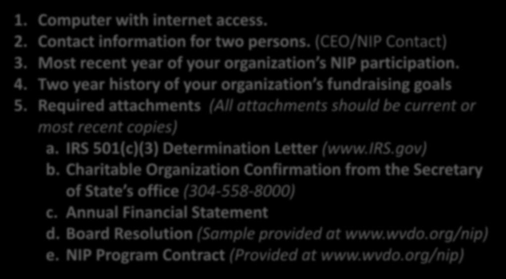 Items Needed to Complete the Application 1. Computer with internet access. 2. Contact information for two persons. (CEO/NIP Contact) 3. Most recent year of your organization s NIP participation. 4.