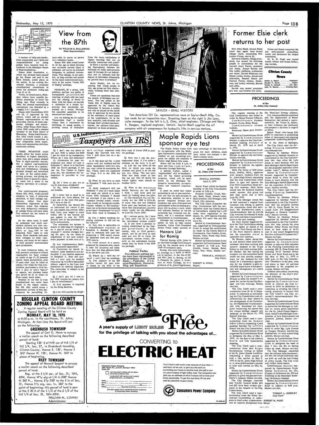 I Wednesday, May,.1970 CLINTON COUNTY NEWS, St. Johns, Michigan Page B 0" o t>. win o.ucj O*ID SHIAWASSEE CO. P«w W»» O i S; Oa.il. j H DOHIA OWOIIO' T TON '"a VlltOH i«.