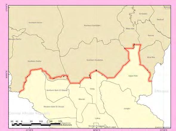 FIGURE 1: Approximate alignment of forces in Safe Demilitarized Border Zone (SDBZ) al Miqenis Keri Kera al Kwek Heglig Wunthou/Halaka Radom al Kwek Teshwin Aleel Vulu Kiir Adem Raqabat Jau Es Sumeih