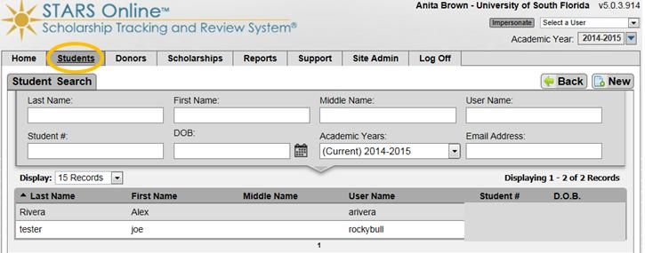 Select Student tab STARS Student Review Review the Academic Year to make sure it is correct Search